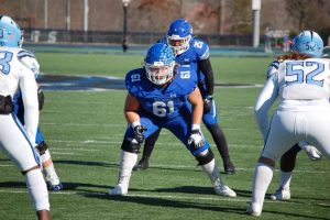 #61 Eli Cross, a three year All Mid-South Conference player, is a starting left tackle on the offensive line for the Blue Raiders of Lindsey Wilson.