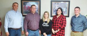 Pictured is the Office Staff of DeKalb County Farm Bureau going forward- left to right: Agents Ryan Magness and Chris Griffith, Customer Service Reps Jessica Cripps and Amanda Cunningham, and new Agency Manager Bradley Locke.