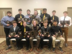 2021 DCHS Tiger Football Award Winners: Seated left to right- Ty Webb, Brady Hale, MVP Isaac Knowles, Nathaniel Crook, and Jonathan Garcia. Standing left to right- Diego Coronado, Wil Farris, Nolan Gottlied, Coby Barnes, Shadie Rankhorn, John Ellis, and Tyler Estes.