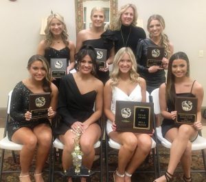 2021 DCHS Tiger Football Cheerleader Award Winners: Seated left to right- Addison Roller (Best Stunts), MVC Addison Puckett, Bella France (D.E.A.R. Award Winner), and Sadie West (Most Spirited). Standing left to right- Haidyn Hale (Best Cheer), Kiersten Robinson (Best Jumps), Cheer Coach Amanda Fuller, and Hannah Trapp (Best Dancer)