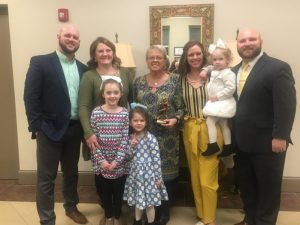 Senior Isaiah Harrington was announced as the winner of the Coach Clay Edwards Memorial Tiger Pride Award during Saturday night’s DCHS Football Awards Banquet but Harrington was unable to attend. Members of Edwards’ family were on hand for the occasion including Abram Edwards and Sarah Rathbone, son and daughter, along with their families and mother Tena Edwards-Jacobs. Pictured here left to right- Abram, Shannon, Harmony, Emmie, Tena, Sarah , Ella, and Corey