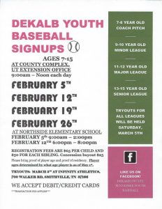 Signups for the DeKalb Youth Baseball League begin Saturday, February 5