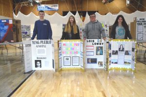 DWS 8th grade Author study pictured left to right are Cameron Stanley, 3rd, Chaylea Lunsford and Ethan Reynolds, tied for 2nd, and Danica Collier, 1st