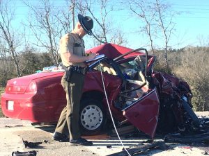 THP Trooper Bobby Johnson investigating head on crash at Highway 96 near Liberty where 64 year old Sally Potts of Smithville, driving north in this 2002 Honda Civic, crossed the center line and struck a southbound 2001 Ford F-150 driven by 57-year-old Darryl Meadows of Smithville. Potts died at the scene. Meadows was taken by DeKalb EMS to Ascension St. Thomas DeKalb Hospital and later to Vanderbilt Hospital