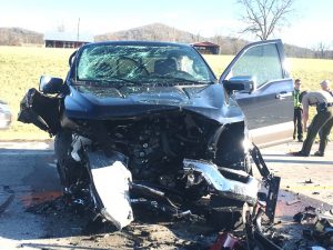 A head on crash at Highway 96 near Liberty Thursday claimed the life of 64 year old Sally Potts of Smithville who was driving north in a 2002 Honda Civic and crossed the center line. Her car then struck a southbound 2001 Ford F-150 (shown here) driven by 57-year-old Darryl Meadows of Smithville. Potts died at the scene. Meadows was taken by DeKalb EMS to Ascension St. Thomas DeKalb Hospital and later to Vanderbilt Hospital