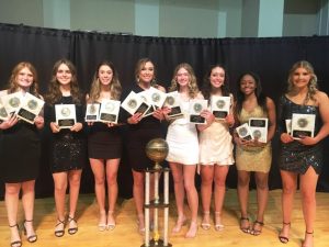 DCHS Lady Tiger Basketball Award Winners pictured left to right: Avery Agee, Madison Martin, Natalie Snipes, MVP Kadee Ferrell, Ella Van Vranken, Ella Hendrixson, Xharia Lyons, and Cam Branin