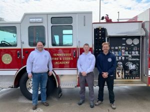 Three DeKalb Firefighters complete weekend fire training. Pictured R-L Alex Woodward, Chris Bates and Josh Davis