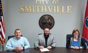 City of Smithville Mayor Josh Miller joined Mike Davidson, CEO, and Jen Sherwood, Safety & Training Coordinator, of Middle Tennessee Natural Gas Utility District to issue a proclamation that April is Safe Digging Month.