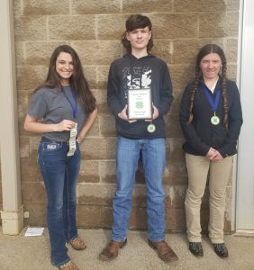 The DeKalb County 4-H Horse Judging teams had a very successful day at the Central Region and open MTSU contests held at the Miller Coliseum in Murfreesboro. All 3 teams placed in the top ten, with the Senior High Team placing 1st. Pictured here: The Senior High Team of Hannah Redmon, Riley Fuson, and Sydney Ailes won 1st place in the regional horse judging contest. Hannah was 9th high individual. They have earned a spot at the State level competition.