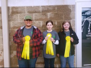 The DeKalb County 4-H Horse Judging teams had a very successful day at the Central Region and open MTSU contests held at the Miller Coliseum in Murfreesboro. All 3 teams placed in the top ten, with the Senior High Team placing 1st. Pictured here: The Junior High team of Izayah Dowell, Trinity Young, and Carsyn Beshearse placed 3rd in the performance category in the MTSU horse judging contest.