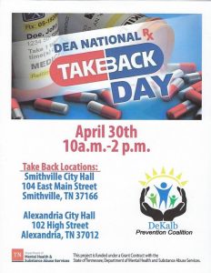 The DeKalb Prevention Coalition encourages DeKalb County residents to take part in National Prescription Drug Take-Back Day (Saturday, April 30) from 10 a.m. to 2 p.m.