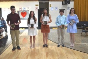 Pictured left to right are the DWS students with the highest G.P.A. (6th-8th grades): Johnathan Keith, Izzy Hendrixson, McKenna Miller, Connor Talley, and Autumn Dies.