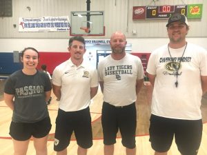 DCHS Tiger Basketball Camp Instructors: Assistant DCHS Lady Tiger Coach Maddison Parsley, Tiger Head Coach John Sanders, Lady Tiger Head Coach Danny Fish, and Assistant Tiger Coach Logan Vance.