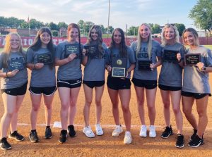 Eight DCHS Tigerettes have earned All-District Softball Team honors for the 2022 season. Pictured left to right: Kora Kilgore (All-Freshman Team), Bryna Pelham (All-District), Raylie Cowan (All-Freshman), Emma Martin (All-District), Jacey Hatfield (All-District and Defensive Player of the Year), Bri Murphy (All-District Tournament), Aniston Farler (All-District), and Morgan Walker (All-District)