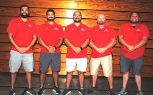 SAINTS FOOTBALL COACHES JUSTIN POTEETE, ETHAN VANHOOK, HUNTER POTEETE, TAD WEBB, AND JACOB HALE