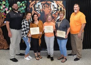 DCHS Presents August Excellence Awards to Student, Parent, and Staff Member of the Month. Pictured from left are DCHS Assistant Principal Thomas Cagle, Kiley Martin and mother Rachel Seal (Parent/Guardian of the Month), Valya Hennessee (Student of the Month), Rebecca Parker (Staff Member of the Month) and DCHS Principal Bruce Curtis.