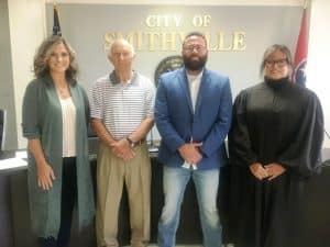 Smithville Municipal Judge Gayla Hendrix with Smithville Aldermen Beth Chandler and Don Crook along with Mayor Josh Miller after swearing in ceremony in September