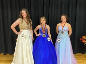 Fall Fest Pageant (ages 11-13) Optionals: Prettiest Attire-Kenadee Rose Prichard (left), 13-year-old daughter of Luke and Jo Dee Prichard of Alexandria. Prettiest eyes, hair, and most photogenic- Baylei Benson (center) 11-year-old daughter of John and Karey Washer and Christopher Benson of Smithville. Prettiest smile- Karah Jo Ford (right) 12-year-old daughter of Hector O’roscoe and Amanda Ford of Smithville