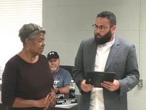 The Smithville Mayor and Aldermen in October paid tribute to a long-time member of the planning commission and board of zoning appeals who passed away in August. Mayor Josh Miller presented a plaque to Jackie Smith, wife of Wade Smith, Jr.