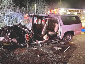 Five people were involved in a two-vehicle crash Saturday night on Highway 56 at Craft Center Drive near Hurricane Bridge. Two of the wreck victims were airlifted to Vanderbilt Hospital by helicopter ambulance. 30-year-old Victoria Loudermilk of Cookeville was driving south on Highway 56 in this 2002 GMC Yukon SUV when she crossed the center line and struck a northbound 2013 Honda Odyssey Mini-Van driven by 70-year-old Michael Shaefer of Munford, Tennessee. Impact was made at an angle, left front corner to left front corner. (Photo by the DeKalb County Volunteer Fire Department)