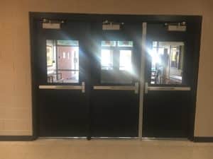 The latest and last security vestibule was completed over the fall break at Smithville Elementary School. Others were previously added at DCHS, Northside Elementary, DeKalb Middle, and DeKalb West School. Photo here shows view of doors leading from inside the school into the vestibule by the office leading to the outside front doors