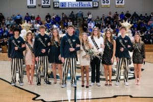 Seniors Robert Wheeler and Amelia Atnip (pictured center) were crowned the DCHS “Baron” and Baroness” Friday night culminating a weeklong Alumni Homecoming observance. The presentations were made as DCHS hosted Livingston Academy. The DCHS Alumni Homecoming Attendants were pictured left to right: Freshmen Jon Hendrix and Addison Swisher; Juniors Conner Close and Abby Cross; Baron Robert Wheeler and Baroness Amelia Atnip; Seniors Liam Wallace and Madison Martin; and Sophomores Seth Fuson and Annabella Dakas. Each year a student affiliated with both the Tiger and Lady Tiger basketball programs are honored with the title of “Baron” and “Baroness” .