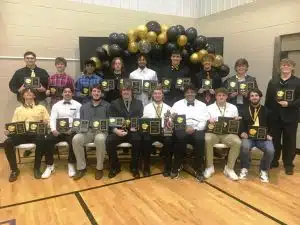 2022 DCHS Tiger Football Award Winners: Seated left to right: Holden Trapp, Johnny Skinner, Nolan Gottlied, Ean Jones, Colby Barnes, Shadie Rankhorn, Tyler Estes, Josh May; Standing left to right: Chris Pulley, Jordan Parker, Juan Ortega, Ari White, Malachi Trapp, Wil Farris, Trace Hamilton, Ty Webb, and Aaron Hatfield