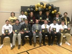 2022 DCHS Tiger Football All Region Award Winners: Seated left to right: Johnny Skinner, Nolan Gottlied, Ean Jones, Defensive Assistant Coach Michael Shaw, Colby Barnes, Shadie Rankhorn, Tyler Estes; Standing left to right: Holden Trapp, Malachi Trapp, Ari White, Wil Farris, Trace Hamilton, Ty Webb, and Josh May