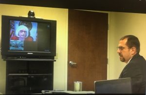 District Attorney General Bryant Dunaway in Cookeville participating in Parole Hearing by Video Conference Wednesday addressing Parole Board member Mae Beavers in opposition to early release for First Degree Murderer Archie Lee Roberts