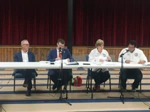 County Attorney Hilton Conger, County Mayor Matt Adcock, County Clerk employee Judy Miller-Mcgee, and County Clerk James L. (Jimmy) Poss at previous County Commission Meeting