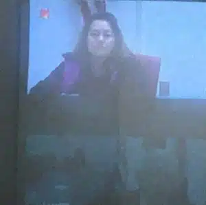 Albert Fisher’s mother, Shirley was among three people at the parole hearing Tuesday to speak on behalf of her son. She is shown here on TV screen from the Cookeville Video Conference location. She appeared at the prison in Nashville where the parole hearing was held.