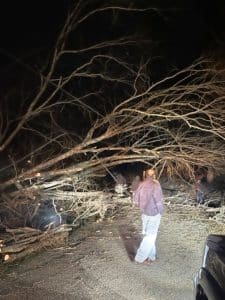 Debris including fallen trees and tree limbs from Friday’s high winds forced the DeKalb County Highway Department to spring into action over the weekend. Photo shows cleanup efforts on King Ridge Road