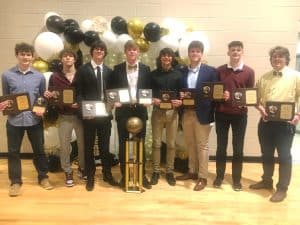 2022-23 DCHS Basketball Award Winners: Left to Right- Alex Antoniak, Elishah Ramos, Stetson Agee, MVP Conner Close, Jon Hendrix, Robert Wheeler, Zack Birmingham, and Ean Jones