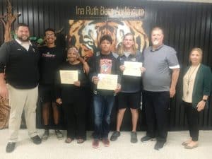 DeKalb County High School continued its monthly observance Tuesday of recognizing a teacher, student, and parent or guardian of the month: Pictured here left to right are Assistant DCHS Principal Thomas Cagle, Jerett Hamilton who wrote a winning “Guardian of the Month” essay about his grandmother Lynda Hamilton standing next to him, Student of the Month Alejandro Avalos Godinez , Teacher of the Month Kason Wheeler, DCHS Principal Bruce Curtis, and Assistant DCHS Principal Jenny Norris