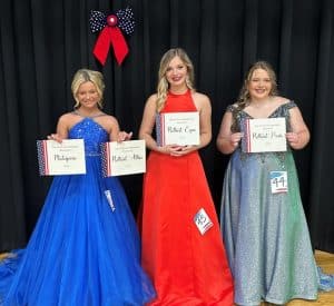 The Miss Jamboree optional winners of the 11–13-year-old age division in Saturday’s pageant were 12-year-old Kenli Faith Fish (LEFT) for Most Photogenic and Prettiest Attire. She is the daughter of Cody Fish and Tiffany Pedigo of Smithville; 13-year-old Brileigh Nicole Bullard, daughter of Nikki and Jimmy Martin and Riley and Kayla Bullard of Smithville for Prettiest Eyes (CENTER); and Savannah Faith Stibil (RIGHT), 13-year-old daughter of John and Glenda Stibil of Smithville, for Prettiest Hair.