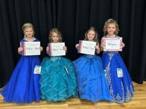 Miss Jamboree age 4-6 Optional Award Winners: (LEFT TO RIIGHT) Haddeigh Grace Harvey, 6 year old daughter of Chad and Kayla Harvey of Alexandria for Prettiest Attire; Briar Kilgore, 4 year-old daughter of Clay and Mariah Kilgore of Smithville for Prettiest Hair; Carrigan Elise Cox, 5 year old daughter of Brandon and Whitney Cox of Smithville for Prettiest Eyes; and Rozlyn Marie Prichard, 5 year old daughter of Mark and Amanda Prichard of Smithville for Most Photogenic.