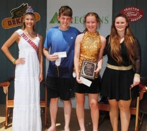 *Junior Clogging (Ages 13-39): First Place-Colleena Ralston of Lebanon (CENTER) Second Place-Makayla Foster of Cookeville (RIGHT) Third Place-Jacob Fennell of Dickson ( SECOND FROM FAR LEFT) Miss Jamboree Keara McKinsey Milligan (FAR LEFT)