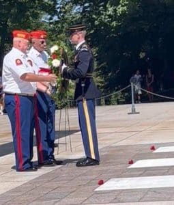 Bill Rutherford of DeKalb County, Commandant of the Marine Corps League Detachment 1377, was part of a four-man detail from that league recently invited to lay a wreath at the Tomb of the Unknown Soldier at Arlington National Cemetery in Washington DC during a special ceremony held on Saturday, September 2. Rutherford, a veteran and DeKalb County’s Veterans Service Officer, is pictured here (left) with a fellow league member taking the wreath from the Sentinel to be placed at the tomb.