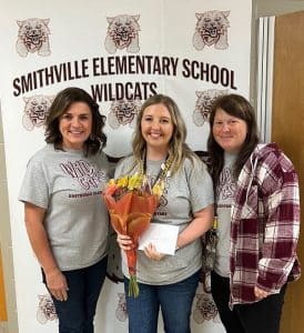 Elizabeth Wright (center) named Smithville Elementary School’s October Teacher of the Month. Pictured with SES Principal Anita Puckett (left) and SES Assistant Principal Karen France (right)