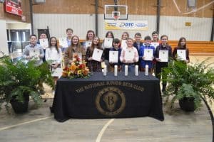 DWS Jr. Beta new members-Pictured front row left to right are Christian Cripps, Hailey Brown, Caroline Neal, Charley Prichard, Jackson Dunaway, Grady Thomason, Axton Green, Masen Mabe, and Emily Roberts. Back row left to right are Zane Griffith, Landon Holmes, Brylee Key, Kylie Pierce, Zoey Skeen, Levi Reynolds, and Lucas Nokes.