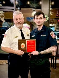 Dylan Goodman, one of the Smithville Fire Department’s six rookie firefighters, received a Volunteer Training Award for logging the most training hours during 2023 at 188 hours. Chief Charlie Parker presented the award Tuesday night during an appreciation dinner for city firefighters at Ace’s Steakhouse, Seafood, and Italian Restaurant downtown.