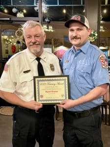 Career Smithville Firefighter Ryan Evans received a career firefighter training award for his having put in 210 hours of training during the year 2023. Chief Charlie Parker presented the award Tuesday night during an appreciation dinner for city firefighters at Ace’s Steakhouse, Seafood, and Italian Restaurant downtown.