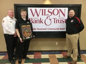 A member of the Cookeville Highway Station and training officer has won the DeKalb County Fire Department’s most coveted award. Luke Green is the 2023 Wilson Bank & Trust Firefighter of the Year. . Green is pictured here with his father County Fire Chief Donny Green and program emcee Alex Woodward of Wilson Bank & Trust