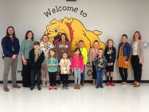 D.W.S. Announces January Students, Teacher, Employee of the Month- Pictured Front row left to right are Mason Checchi, Lincoln Simon, Eloise Hendrix, Alexandria McDaniel, and Ashton Wright. Back row left to right are Assistant Principal Seth Willoughby, Teacher of the Month Jessica Antoniak, Savana Muncey, Autumn Crook, Billy Clark, Leah Chittwood, Leo Dotts, Employee of the Month McKenzie Dunaway, and Principal Sabrina Farler.