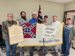 To recognize the service and sacrifices of local Confederate soldiers, the Savage Goodner Camp 1513 of the Sons of Confederate Veterans is dedicating a memorial plaque to Confederate Veterans interred in the Mount Zion Cemetery, 6369 Lower Helton Road, Alexandria, Tennessee (adjacent to Mt. Zion Church). SCV members pictured: Marty Smith, Landon Buckner, Tim Miles, Mark Webster, Lucas Holt and Kevin Bandy with the Mt Zion Memorial sign.