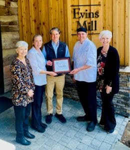 Chamber Presents Evins Mill Milestone Award: Pictured l-r: Chamber Board Member Kathy Hendrixson, Team Member Tina Clark, Owner William Cochran, Executive Chef & GM Jason Evans, Chamber Director Suzanne Williams