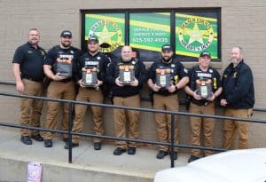 All five of the DeKalb County School Resource Officers (SRO) are now equipped with new automated external defibrillators (AEDs) to be placed in their offices at the respective schools thanks to state funding. Pictured are Sheriff Patrick Ray, DeKalb Middle School SRO Joseph Carroll, DeKalb West School SRO Billy Tiner, DeKalb High School SRO Sgt. Chris McMillen, Northside Elementary School SRO Joe Pack, Smithville Elementary School SRO Roger Whitehead and Chief Deputy Brian Williams.