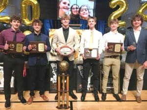 DCHS Tiger Basketball Award Winners: Left to Right- Alex Antoniak, Ian Colwell, MVP Conner Close, Seth Fuson, Jordan Parker, and Dallas Kirby