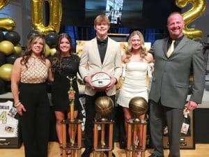 Seniors Conner Close and Ella VanVranken were named the DCHS Tiger and Lady Tiger basketball Most Valuable Players Monday night at the annual team banquet, while Senior Elaina Turner is the Most Valuable Cheerleader. The awards were sponsored by Love-Cantrell Funeral Home and presented by Chad and Shelia Kirby. The MVP and MVC awards are named in memory of Kirby’s grandfather Allen D. Hooper. Pictured left to right: Shelia Kirby, Elaina Turner, Conner Close, Ella VanVranken, and Chad Kirby