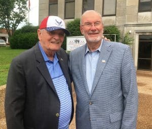 Ralph Vaughn (pictured right) greets old friend Billy Hawkins following Saturday’s Memorial Day weekend observance sponsored by the American Legion Post 122. Vaughn was guest speaker for the program.